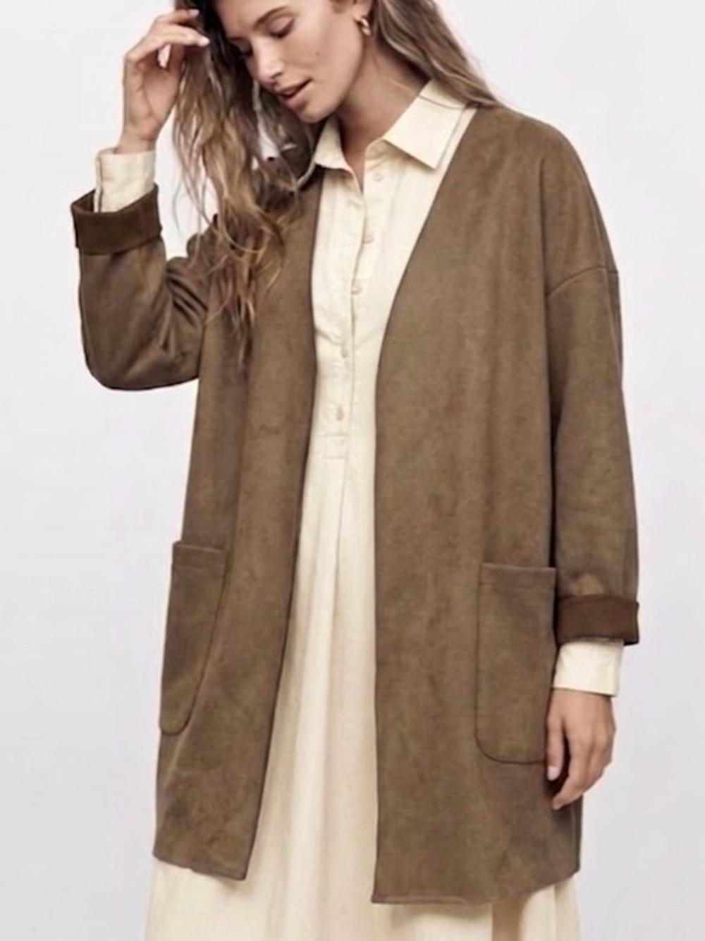 Zara Basic Faux Suede Open Front Oversized Jacket Size XS Camel Patch Pockets